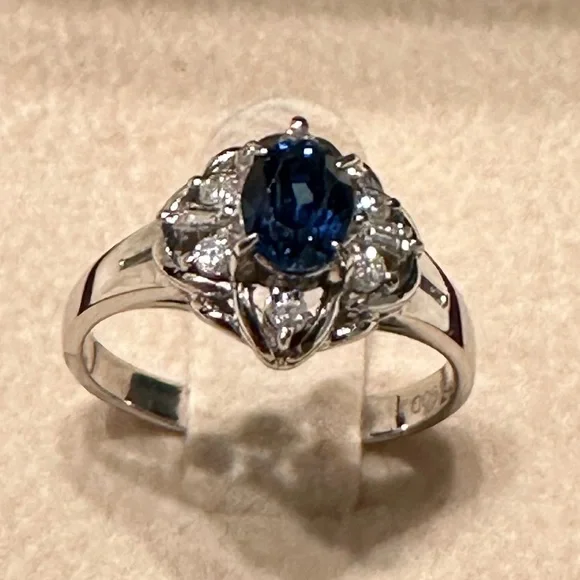 Platinum Natural Blue Sapphire & Diamond Jewelry Women Engagement Ring Size 4.9